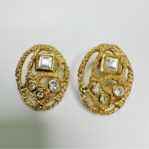 Crystal Oval Earrings Gold-Tone Textured Statement Post Back Vintage
